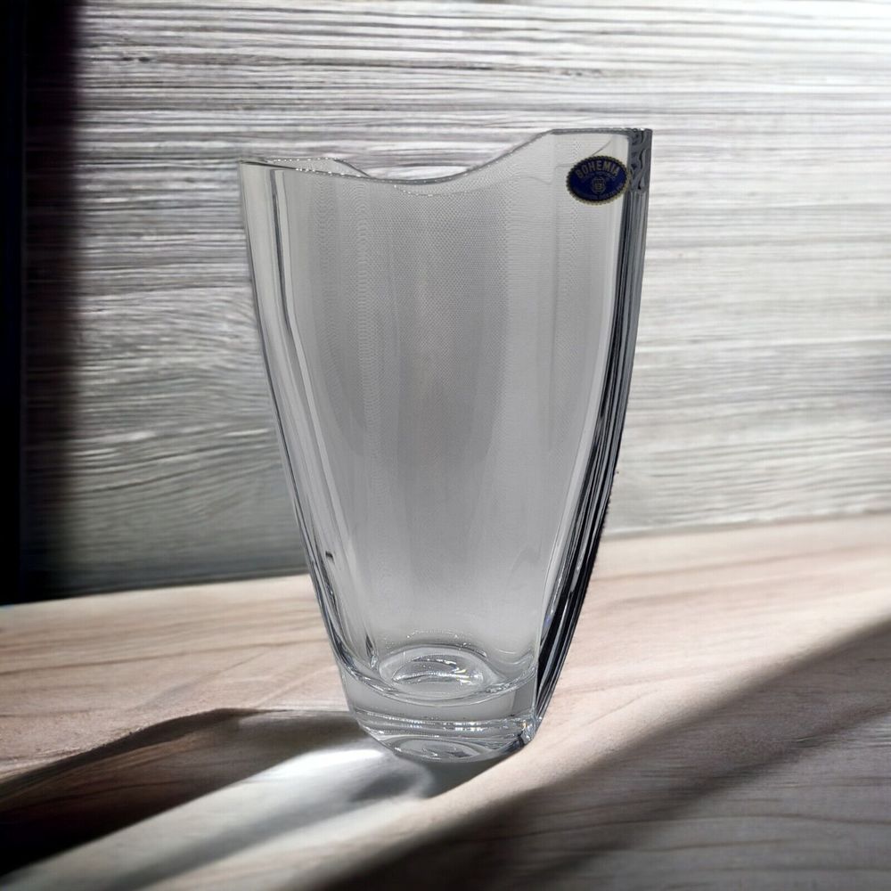 Bohemia Czech Flower Vase 9”Clear "Smile" Heavy Lead Crystal